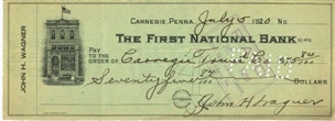 1920 Honus Wagner Signed First National Bank Check